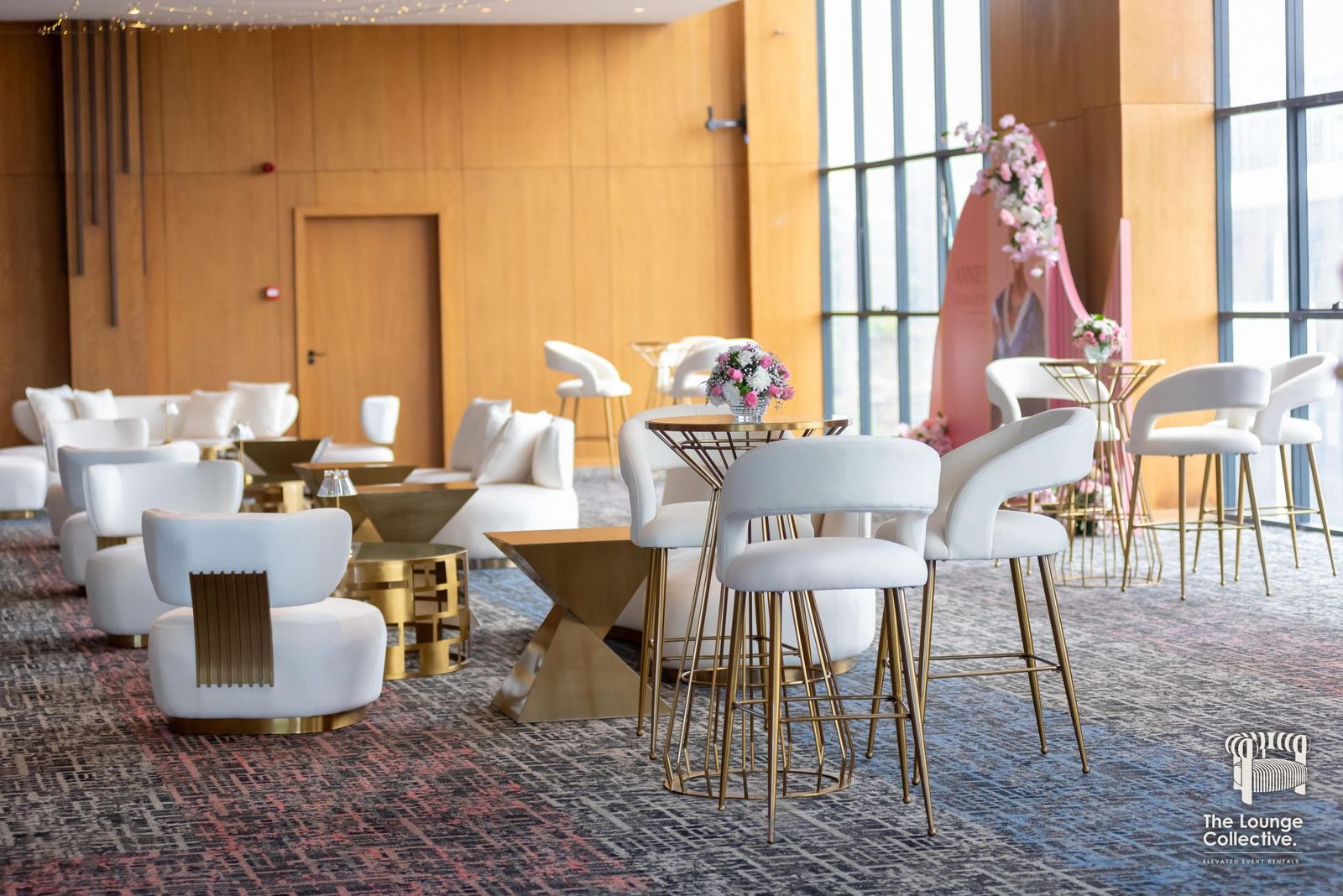 Brushed Gold lounges and cocktail stools across an events hall in Nairobi