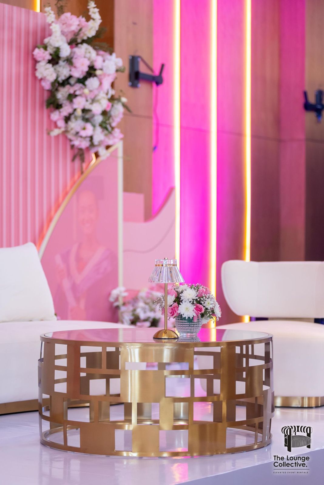 Gold coffee table and crystal lamp under evening lighting